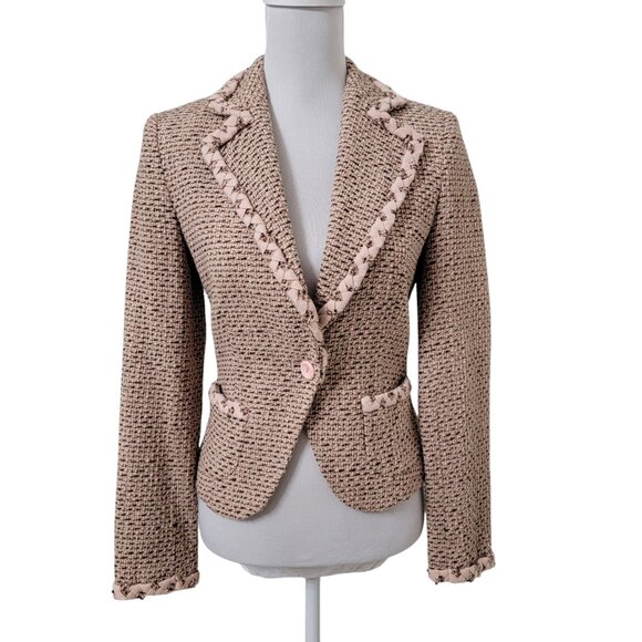 Zara Size Unknown (Possibly XS to S) Peach & Dark Brown Boucle Fitted Blazer - Picture 1 of 10
